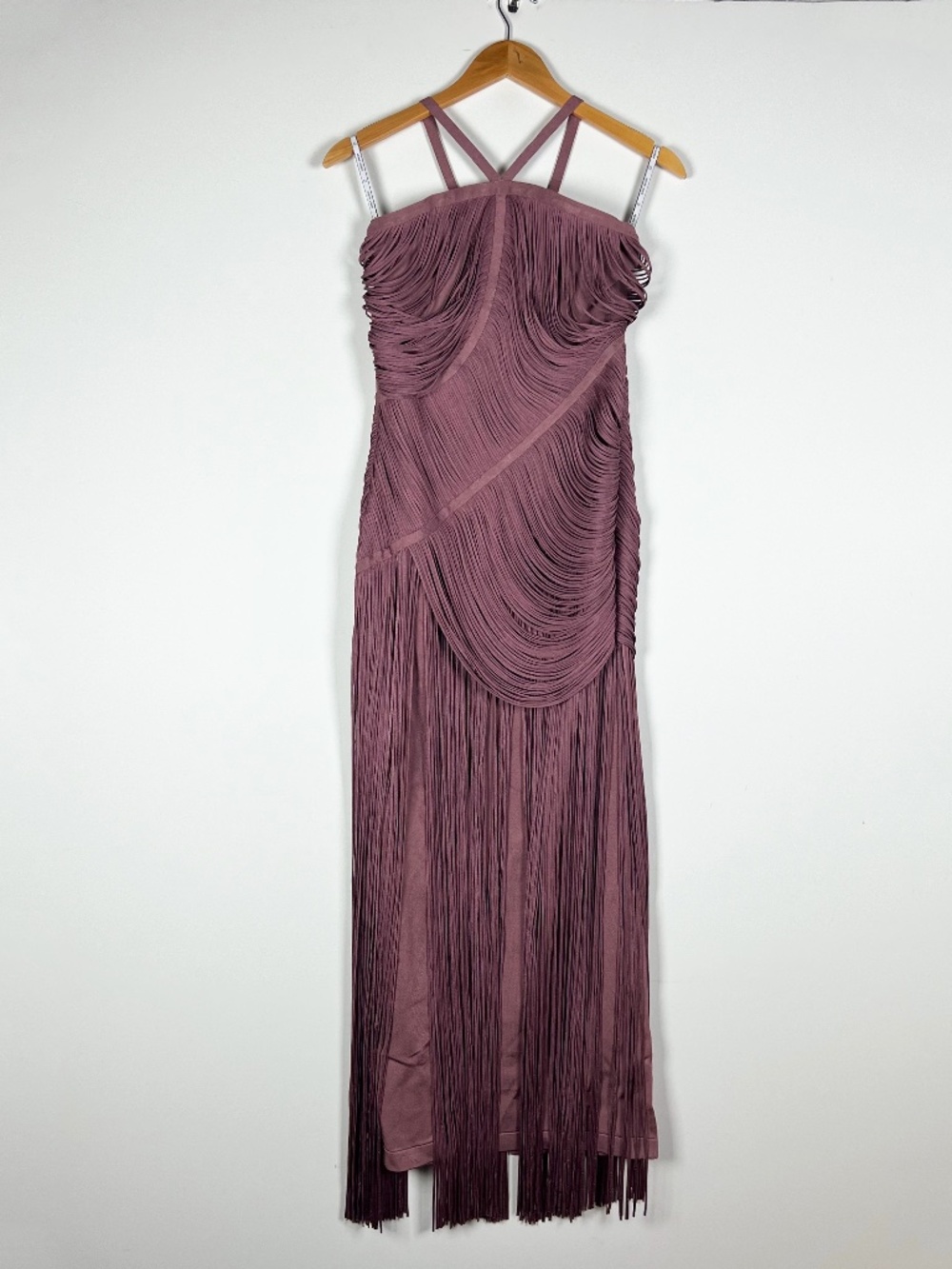 NEW Herve Leger Amelia Halterneck Stretch Knit Draped Fringe Midi Dress Mauve M - Picture 1 of 4